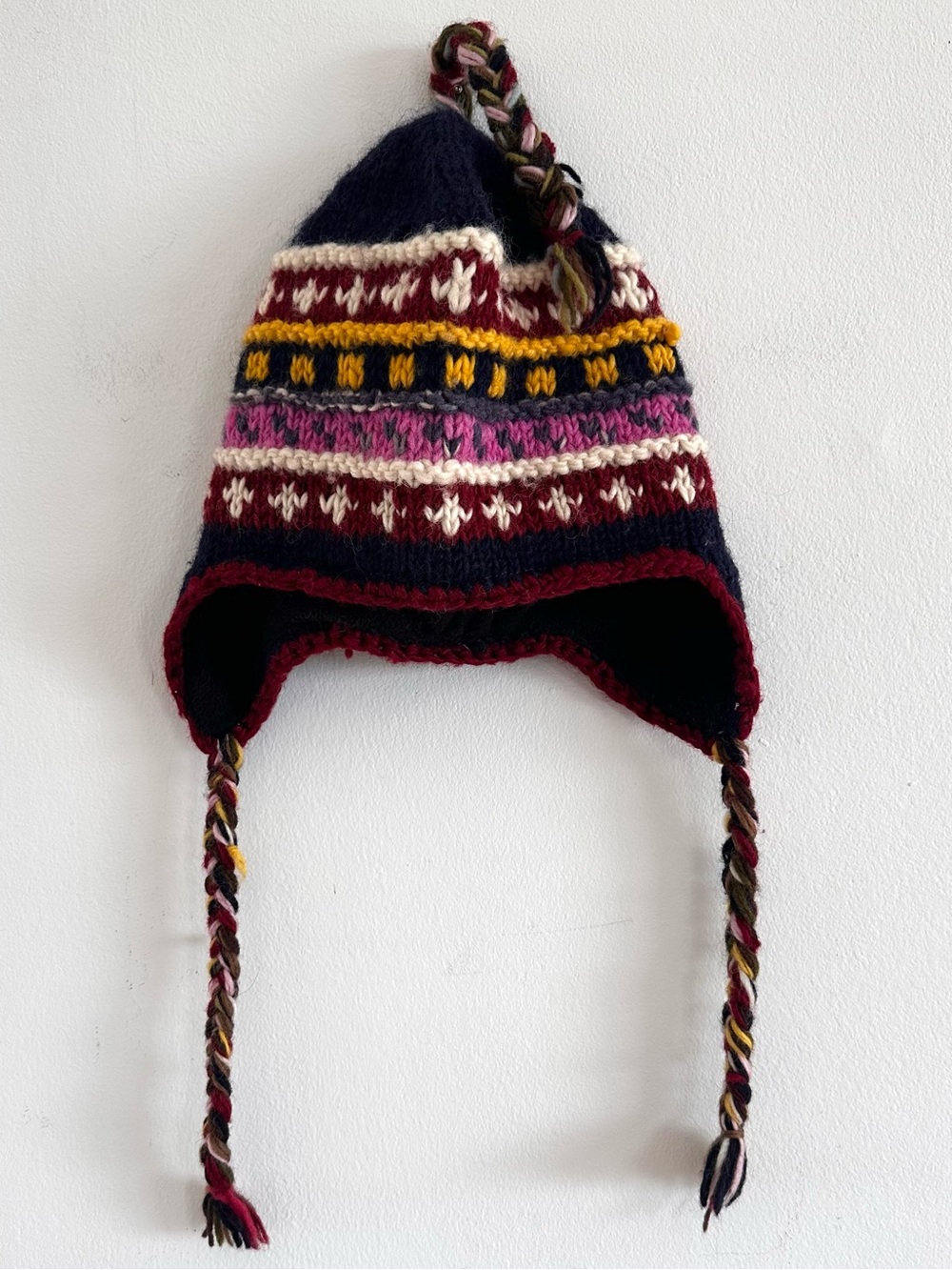 Hand knit wool Nepalese fleece lined ear flap chilly hat
